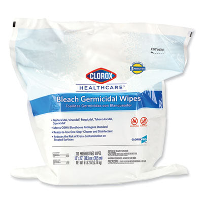 Clorox Healthcare® Bleach Germicidal Wipes, 1-Ply, 12 x 12, Unscented, White, 110/Bag Cleaner/Detergent Wet Wipes - Office Ready