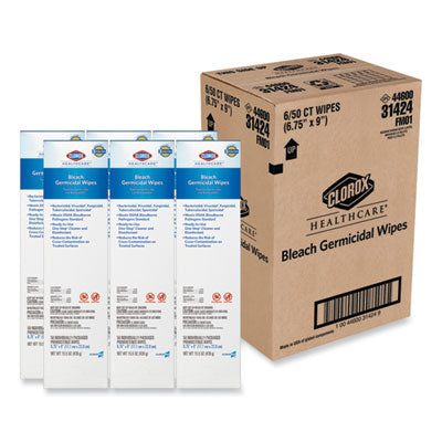 Clorox Healthcare® Bleach Germicidal Wipes, 1-Ply, 6.75 x 9, Unscented, White, 50/Box, 6 Boxes/Carton Cleaner/Detergent Wet Wipes - Office Ready