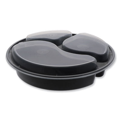 Pactiv Evergreen Newspring® VERSAtainer® Microwavable Containers, Round, 3-Compartment, 39 oz, 9 x 9 x 2.25, Black/Clear, Plastic, 150/Carton Takeout Food Containers - Office Ready