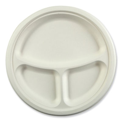 AmerCareRoyal® Bagasse PFAS-Free Dinnerware, 3-Compartment Plate, 10.24