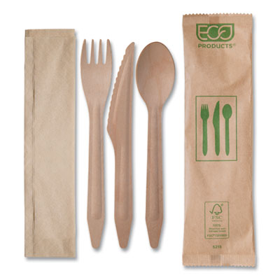 Eco-Products® Wood Cutlery, Fork/Knife/Spoon/Napkin, Natural, 500/Carton Disposable Dining Utensil Combos - Office Ready