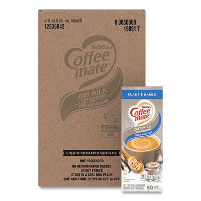Coffee mate® Plant-Based Oat Milk Liquid Creamers, Natural Vanilla, 0.38 oz Mini Cups, 50/Box, 4 Boxes/Carton Coffee Creamers - Office Ready