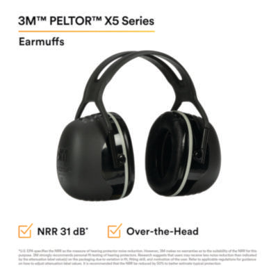 3M™ PELTOR™ X Series Earmuffs, Model X5A, 31 dB NRR, Black Over the Head Ear Muffs - Office Ready