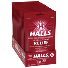 HALLS Triple Action Cough Drops, Cherry, 30/Bag, 12 Bags/Box