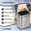 Alpine Industries Stainless Steel Rectangular Liner Open Top Trash Can, 2.6 gal, Brushed Stainless Steel Indoor All-Purpose Waste Bins - Office Ready
