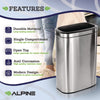 Alpine Industries Stainless Steel Rectangular Liner Open Top Trash Can, 10.5 gal, Brushed Stainless Steel Indoor All-Purpose Waste Bins - Office Ready