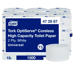 Tork® OptiServe® High-Capacity Coreless Toilet Paper, 2-Ply, White, 1,500 Sheets, 18 Rolls/Carton