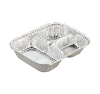 HFA® Aluminum Oblong Containers, 3 Compartments, 24 oz, 8.5 x 6.38 x 1.47, Silver, 500/Carton Takeout Food Containers - Office Ready