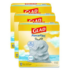 Glad® ForceFlex™ Tall Kitchen Drawstring Trash Bags, Drawstring, 13 gal, Fresh Clean Scent, 10.19 x 9.81, Gray, 110/Roll, 3/Carton