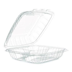 Dart® Microwaveable Hinged Containers, ProPlanet, 3 Compartments, 9 x 8.75 x 3, Clear, Plastic,150/Carton