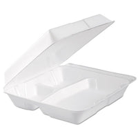 Dart® Foam Hinged Lid Containers, 3 Compartments, 9.3 x 9.5 x 3, White, 100/Bag, 2 Bag/Carton Takeout Food Containers - Office Ready