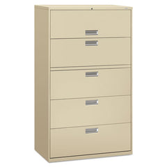 HON® Brigade® 600 Series Lateral File, 4 Legal/Letter-Size File Drawers, 1 Roll-Out File Shelf, Putty, 42" x 18" x 64.25"