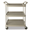 Rubbermaid® Commercial Three-Shelf Service Cart, Plastic, 3 Shelves, 200 lb Capacity, 18.63" x 33.63" x 37.75", Platinum Food Service Carts - Office Ready