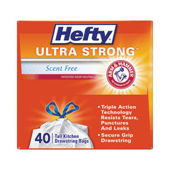 Hefty® Ultra Strong Tall Kitchen & Trash Bags, Drawstring, 13 gal, 23.75" x 24.88", White, 40 Bags/Box, 6 Boxes/CT