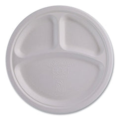 Eco-Products® Vanguard Renewable and Compostable Sugarcane Plates, 3-Compartment Plate, 10" dia, White, 500/Carton