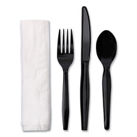 Boardwalk® Four-Piece Cutlery Kit, Fork/Knife/Napkin/Teaspoon, Black, 250/Carton Disposable Dining Utensil Combos - Office Ready