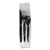 Boardwalk® Four-Piece Cutlery Kit, Fork/Knife/Napkin/Teaspoon, Black, 250/Carton Disposable Dining Utensil Combos - Office Ready