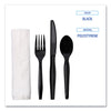 Boardwalk® Four-Piece Cutlery Kit, Fork/Knife/Napkin/Teaspoon, Black, 250/Carton Disposable Dining Utensil Combos - Office Ready