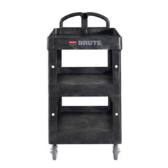 Rubbermaid® Commercial BRUTE® 3-Shelf Heavy-Duty Ergo Lipped Utility Cart, Resin, 3 Shelves, 600 lb Capacity, 25.24" x 44" x 47", Black