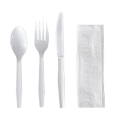 Boardwalk® Four-Piece Cutlery Kit, Mediumweight, Fork/Knife/Napkin/Spoon, Plastic, White, 250/Carton