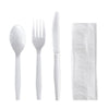 Boardwalk® Four-Piece Cutlery Kit, Mediumweight, Fork/Knife/Napkin/Spoon, Plastic, White, 250/Carton Disposable Dining Utensil Combos - Office Ready