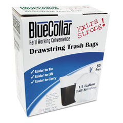 BlueCollar Drawstring, Linear Low Density Trash Bags, 13 gal, 0.8 mil, 24" x 28", White, 80/Box