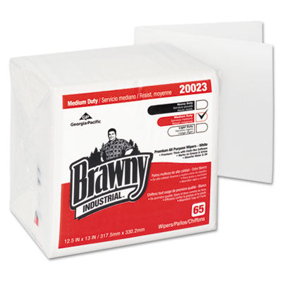 Brawny® Professional Medium Duty Premium DRC 1/4-Fold Wipes, 1-Ply, 13 x 12.5, Unscented, White, 65/Pack Disposable Dry Wipes - Office Ready