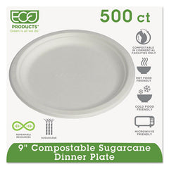 Eco-Products® Sugarcane Dinnerware, 9" dia, Natural White, 500/Carton