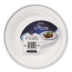 WNA Masterpiece™ Plastic Dinnerware, 9" dia, White/Silver, 10/Pack