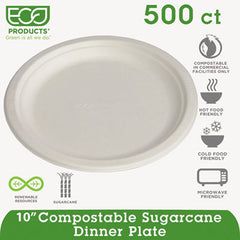 Eco-Products® Sugarcane Dinnerware, 10" dia, Natural White, 500/Carton
