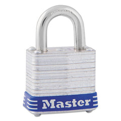Master Lock® 4-Pin Tumbler Lock, Laminated Steel Body, 1 1/8" Wide, Silver/Blue, Two Keys