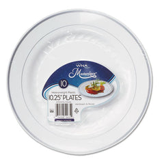 WNA Masterpiece™ Plastic Dinnerware, 10.25" dia, White/Silver, 10/Pack