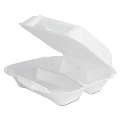 Plastifar Foam Hinged Lid Containers, 3-Compartment, 7.81 x 8.75 x 3.38, White, 100/Sleeve, 2 Sleeves/Bag, 1 Bag/PK Takeout Food Containers - Office Ready