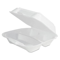 Plastifar Foam Hinged Lid Containers, 3-Compartment, 7.81 x 8.75 x 3.38, White, 100/Sleeve, 2 Sleeves/Bag, 1 Bag/PK
