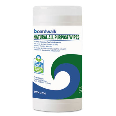 Boardwalk® Natural All Purpose Wipes, 7 x 8, Unscented, White, 75 Wipes/Canister, 6 Canisters/Carton Cleaner/Detergent Wet Wipes - Office Ready