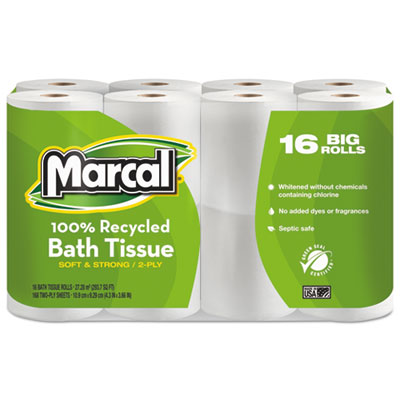 Marcal® 100% Recycled Two-Ply Bath Tissue, Septic Safe, White, 168 Sheets/Roll, 16 Rolls/Pack Regular Roll Bath Tissues - Office Ready