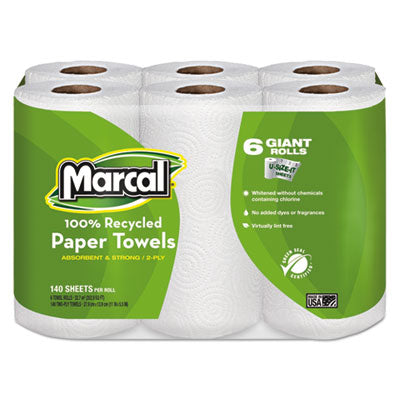 Marcal® 100% Premium Recycled Kitchen Roll Towels, 2-Ply, 5 1/2 x 11, 140/Roll, 6 Rolls/Pack Towels & Wipes-Perforated Paper Towel Roll - Office Ready