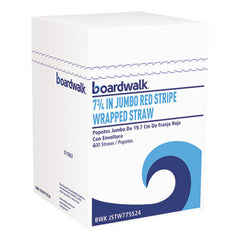 Boardwalk® Wrapped Jumbo Straws, 7.75", Plastic, Red w/White Stripe, 400/Pack, 25 Packs/Carton