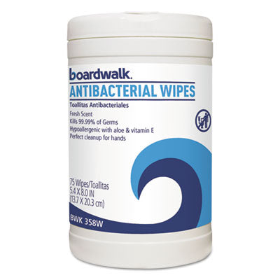 Boardwalk® Antibacterial Wipes, 8 x 5 2/5, Fresh Scent, 75/Canister, 6 Canisters/Carton Towels & Wipes-Cleaner/Detergent Wet Wipe - Office Ready