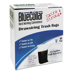 BlueCollar Drawstring, Linear Low Density Trash Bags, 13 gal, 0.8 mil, 24" x 28", White, 480/Carton