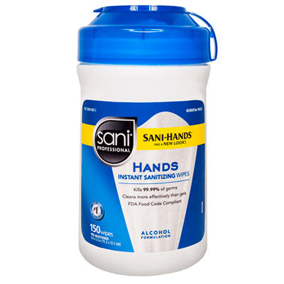 Sani Professional® Hands Instant Sanitizing Wipes, 6 x 5, White, 150/Canister, 12/Carton Towels & Wipes-Hand/Body Wet Wipe - Office Ready