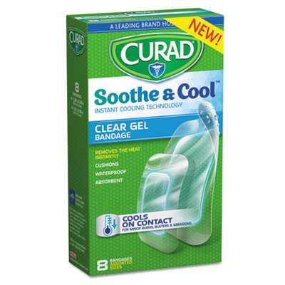 Curad® Soothe & Cool™ Clear Gel Bandages, Assorted, Clear, 8/Box Fabric Self-Adhesive Strip Bandages - Office Ready