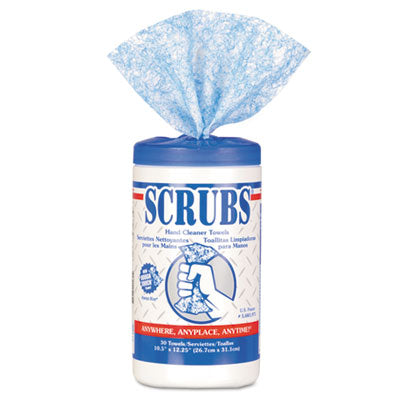 SCRUBS® Hand Cleaner Towels, 10 x 12, Blue/White, 30/Canister Towels & Wipes-Hand/Body Wet Wipe - Office Ready
