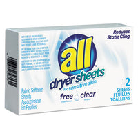 All® Free Clear Vend Pack Dryer Sheets, Fragrance Free, 2 Sheets/Box, 100 Box/Carton Fabric Softener/Antistatic Sheets - Office Ready