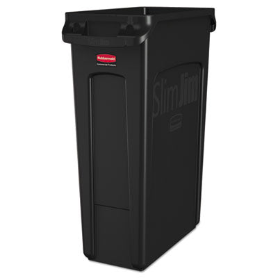 Rubbermaid® Commercial Slim Jim® with Venting Channels, Rectangular, Plastic, 23 gal, Black Waste Receptacles-Indoor All-Purpose Waste Bins - Office Ready