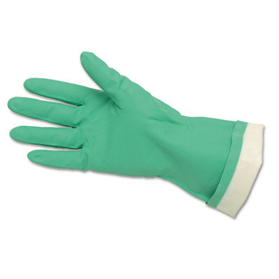 MCR™ Safety Flock-Lined Nitrile Gloves, One Size, Green, 12 Pairs Work Gloves, Chemical Resistant - Office Ready