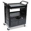 Rubbermaid® Commercial Utility Cart with Locking Doors, Plastic, 3 Shelves, 200 lb Capacity, 33.63" x 18.63" x 37.75", Black Service/Utility Carts - Office Ready