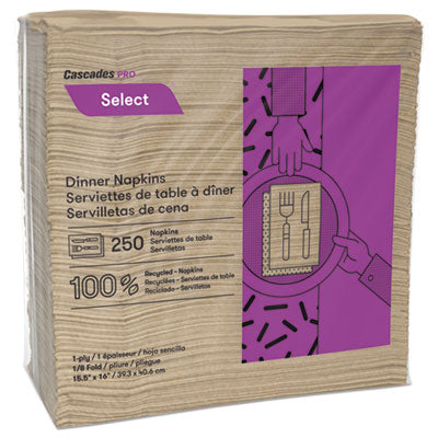 Cascades PRO Select® Dinner Napkins, 1-Ply, 16 x 15.5, Natural, 250/Pack, 12 Packs/Carton Dinner Napkins - Office Ready