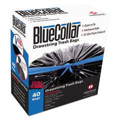 BlueCollar Drawstring, Linear Low Density Trash Bags, 30 gal, 1 mil, 30" x 34", Black, 40 Bags/Box, 6 Boxes/Carton
