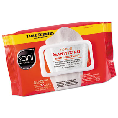 Sani Professional® No-Rinse Sanitizing Multi-Surface Wipes, 1-Ply, 8 x 9, Unscented, White, 72 Wipes/Pack, 12 Packs/Carton Cleaner/Detergent Wet Wipes - Office Ready
